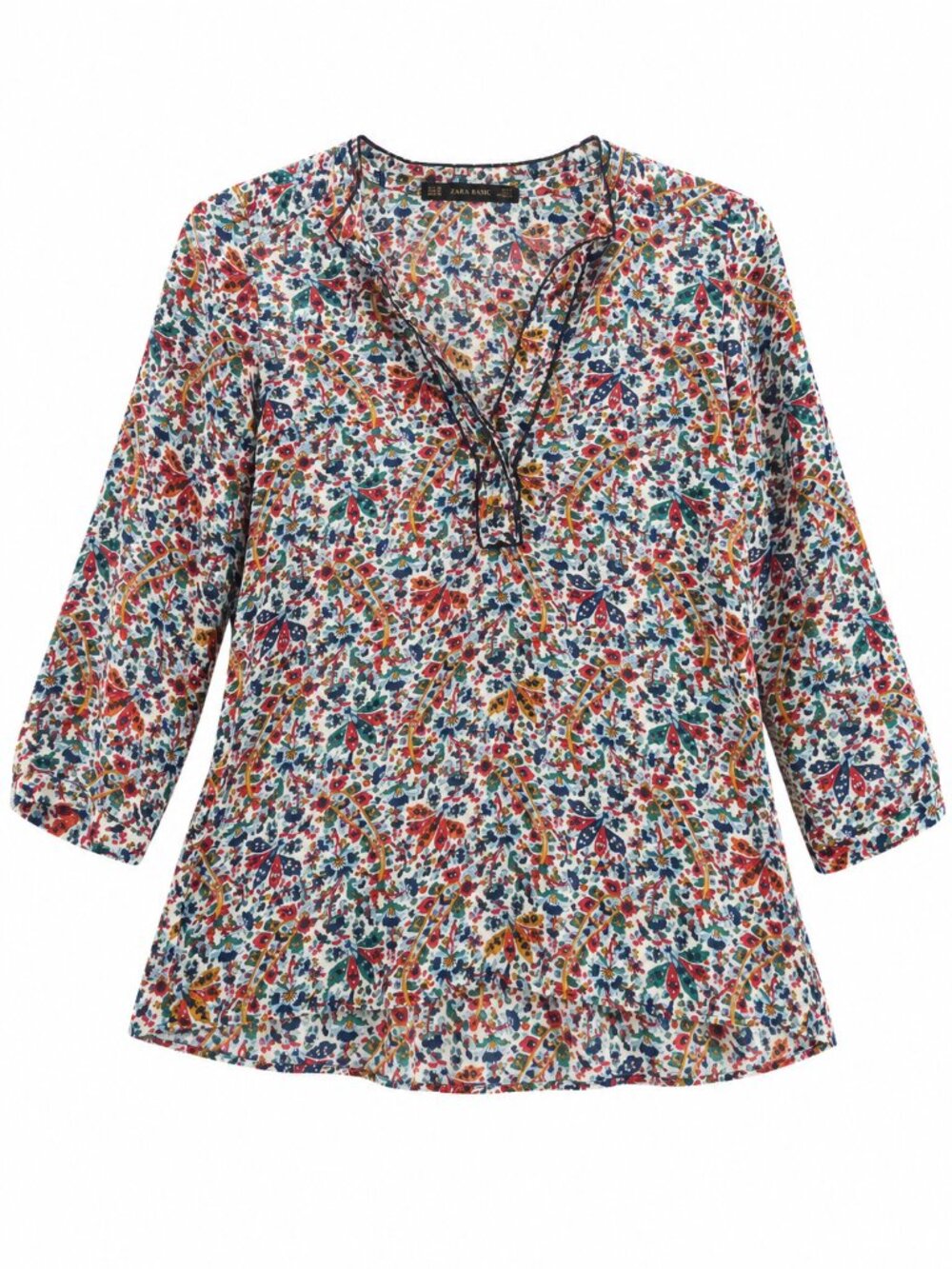 Zara Basic Blouse, Floral Paisley Split Neck, Boho Tunic, Size XS